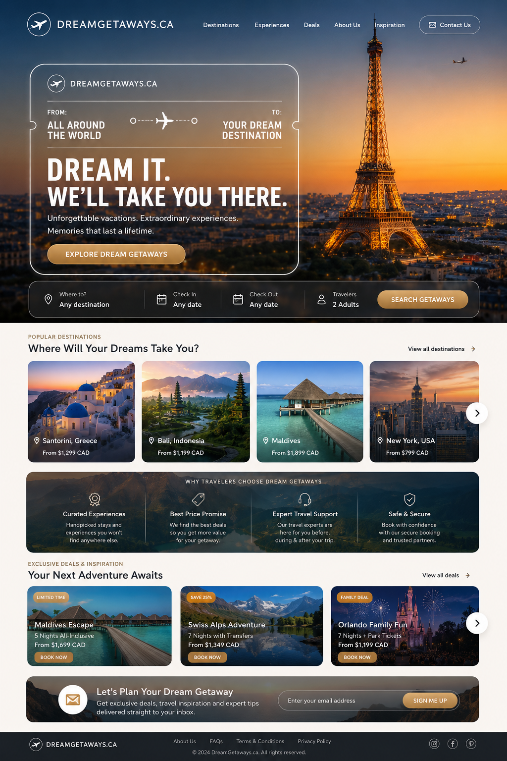 DreamGetaways.ca website mockup showing a travel booking style landing page with destinations, experiences, and vacation deals